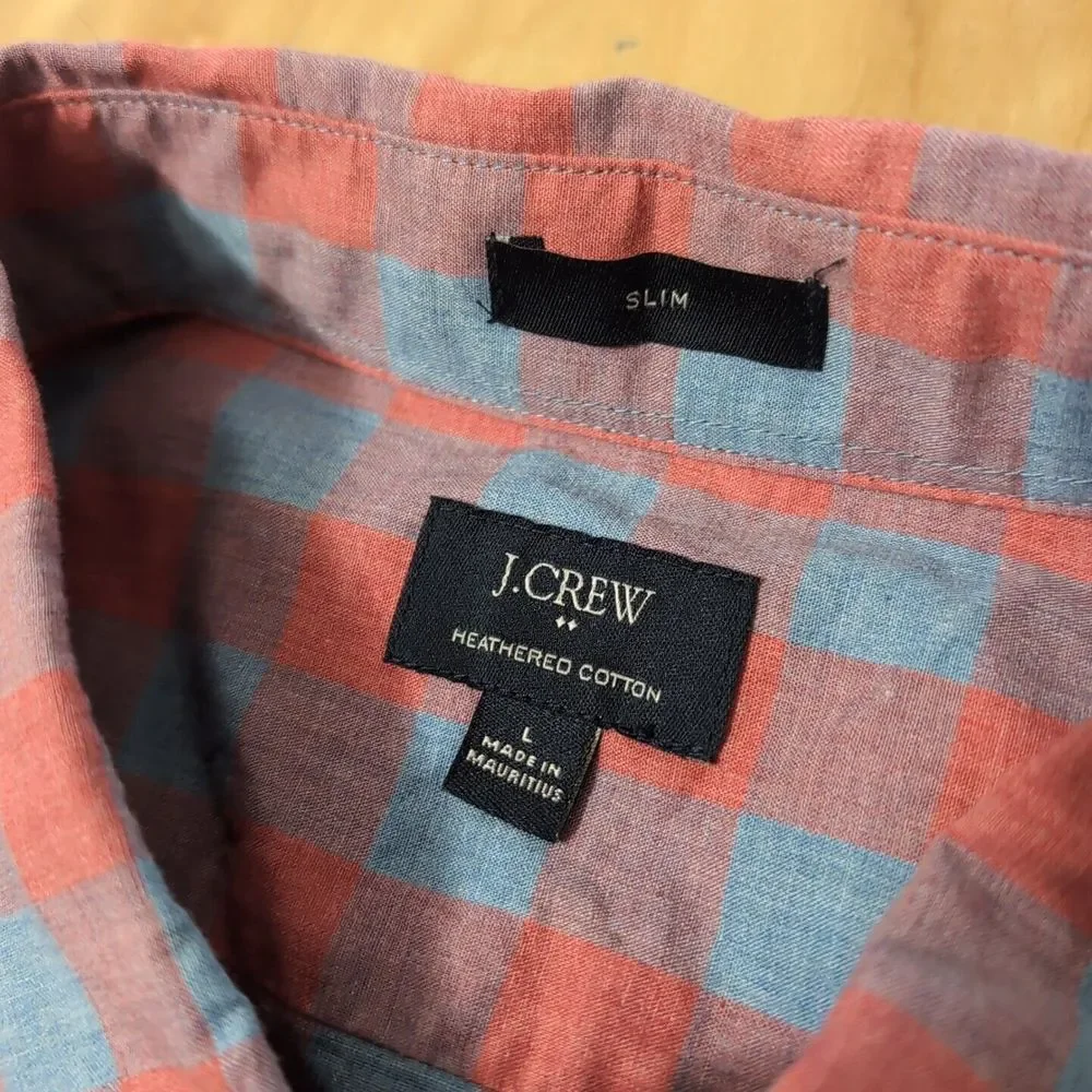 J Crew Shirt Mens L Red Blue Check Slim Button Down Long Sleeve Heatherd Cotton‎